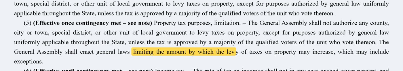 NC Constitution Article V Section 2(5) version effective once the amendment passes, directing laws limiting the amount by which the property tax levy may increase