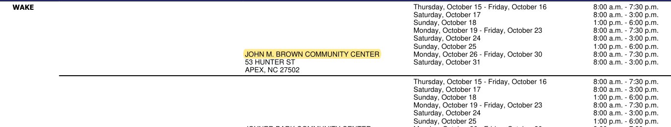 NC State Board of Elections early voting site list: John M. Brown Community Center, 53 Hunter St, Apex, with daily hours
