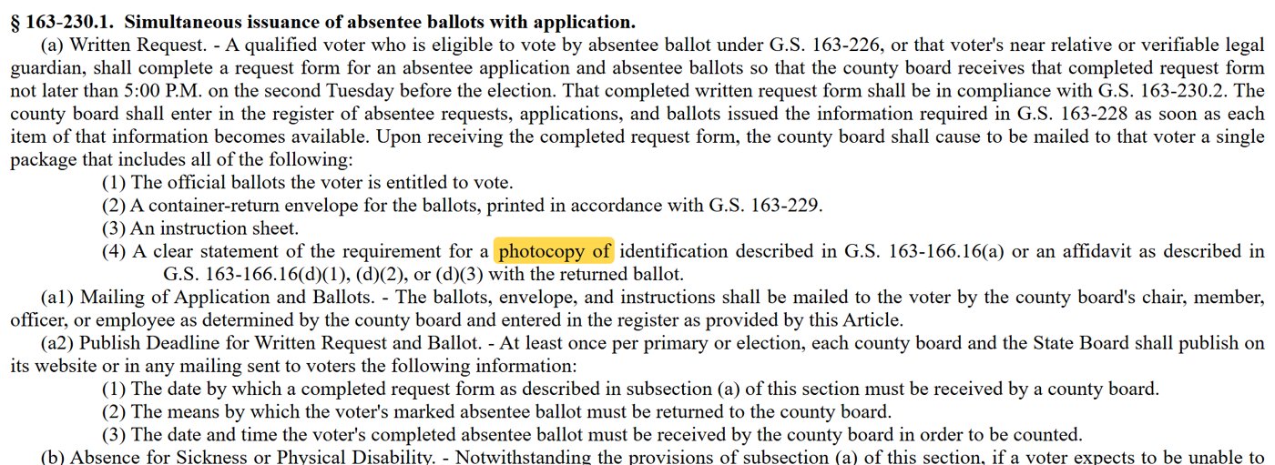 G.S. 163-230.1 requiring absentee instructions on the photocopy of identification or affidavit returned with the ballot
