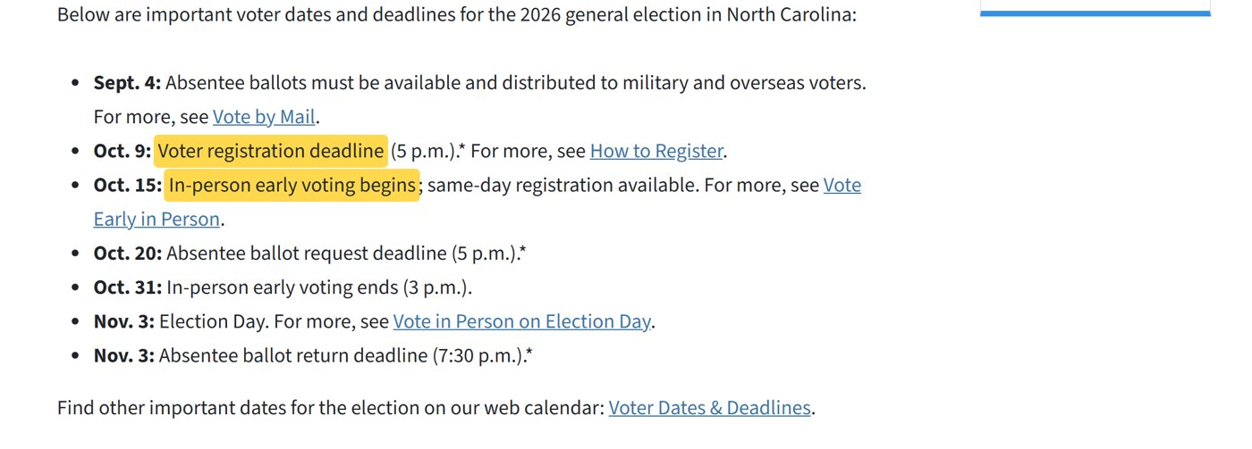 NC State Board of Elections list of 2026 general election dates: Oct. 9 registration deadline, Oct. 15 early voting begins with same-day registration, Oct. 31 early voting ends, Nov. 3 Election Day