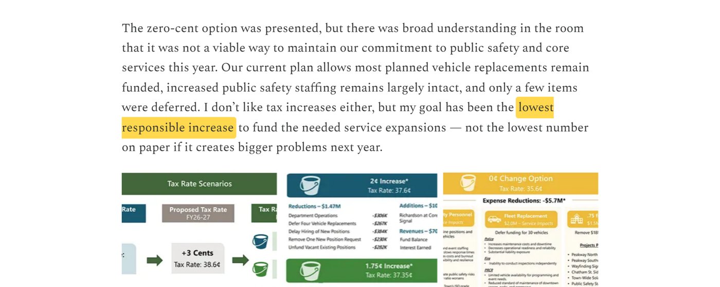 Terry Mahaffey's May 22, 2026 newsletter with the line about the lowest responsible increase highlighted