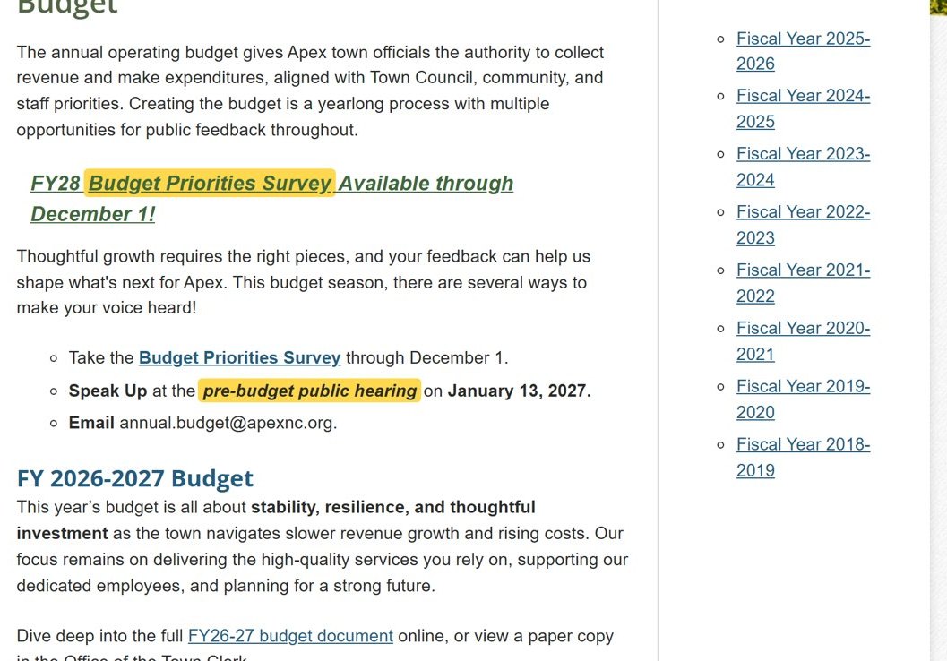 Town of Apex budget page: FY28 Budget Priorities Survey available through December 1; pre-budget public hearing January 13, 2027