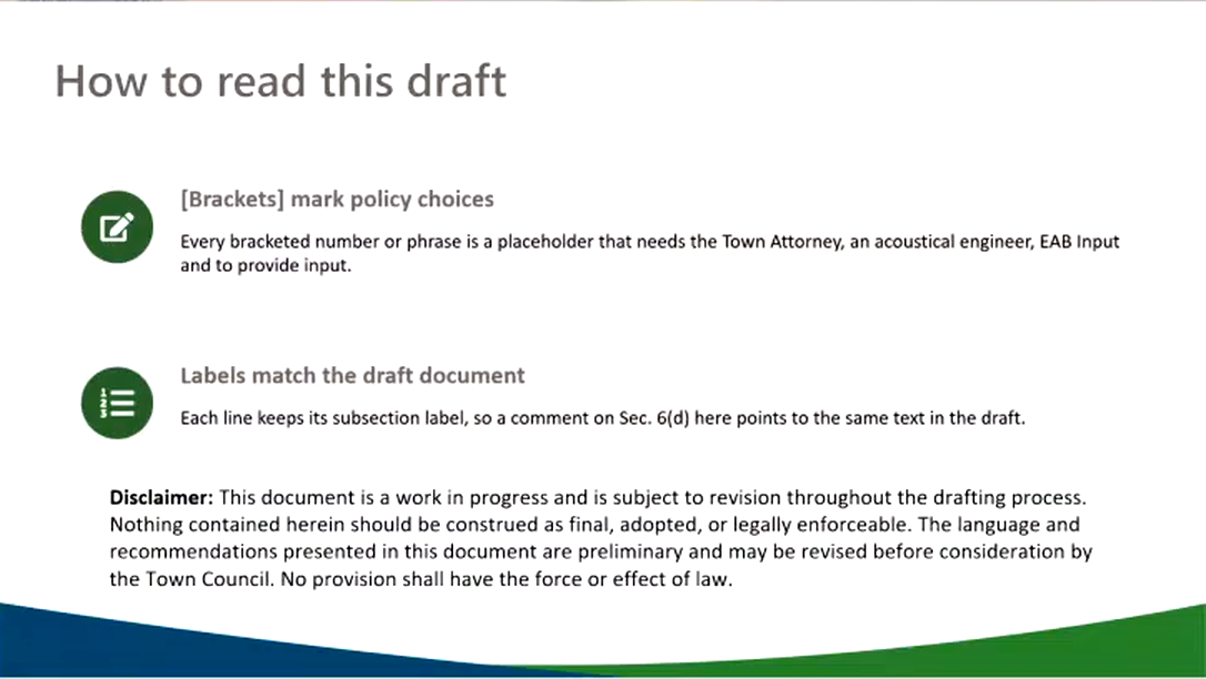 Town slide: How to read this draft: brackets mark policy choices; labels match the draft document; disclaimer that the document is a work in progress and nothing in it is final, adopted or legally enforceable