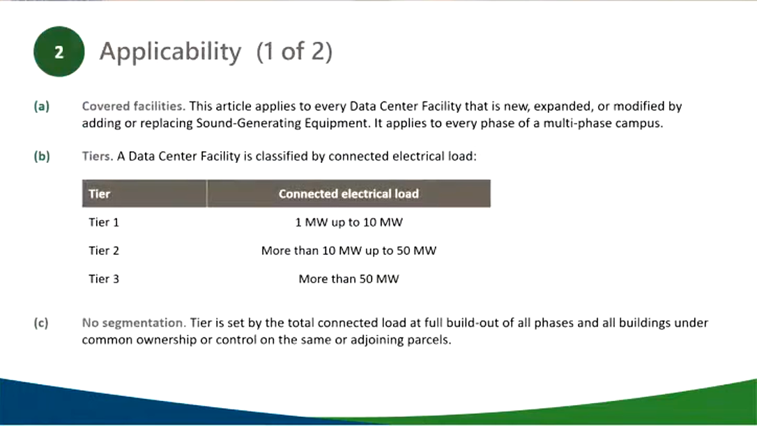 Town slide: Applicability (1 of 2): Tier 1 is 1 MW up to 10 MW; Tier 2 is more than 10 MW up to 50 MW; Tier 3 is more than 50 MW; no segmentation: tier is set by total connected load at full build-out of all phases and all buildings under common ownership or control