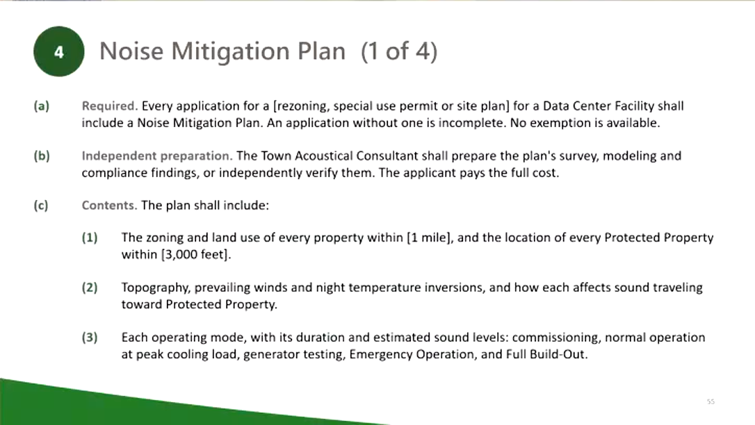 Town slide: Noise Mitigation Plan (1 of 4): (a) Required, (b) Independent preparation, (c) Contents: land use within [1 mile], winds and temperature inversions, each operating mode including generator testing, Emergency Operation and Full Build-Out