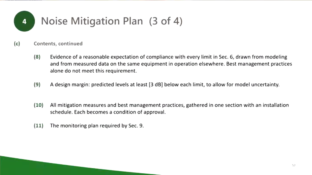 Town slide: Noise Mitigation Plan (3 of 4): evidence of reasonable expectation of compliance with every limit; a design margin of at least [3 dB] below each limit; mitigation measures become a condition of approval; the monitoring plan required by Sec. 9