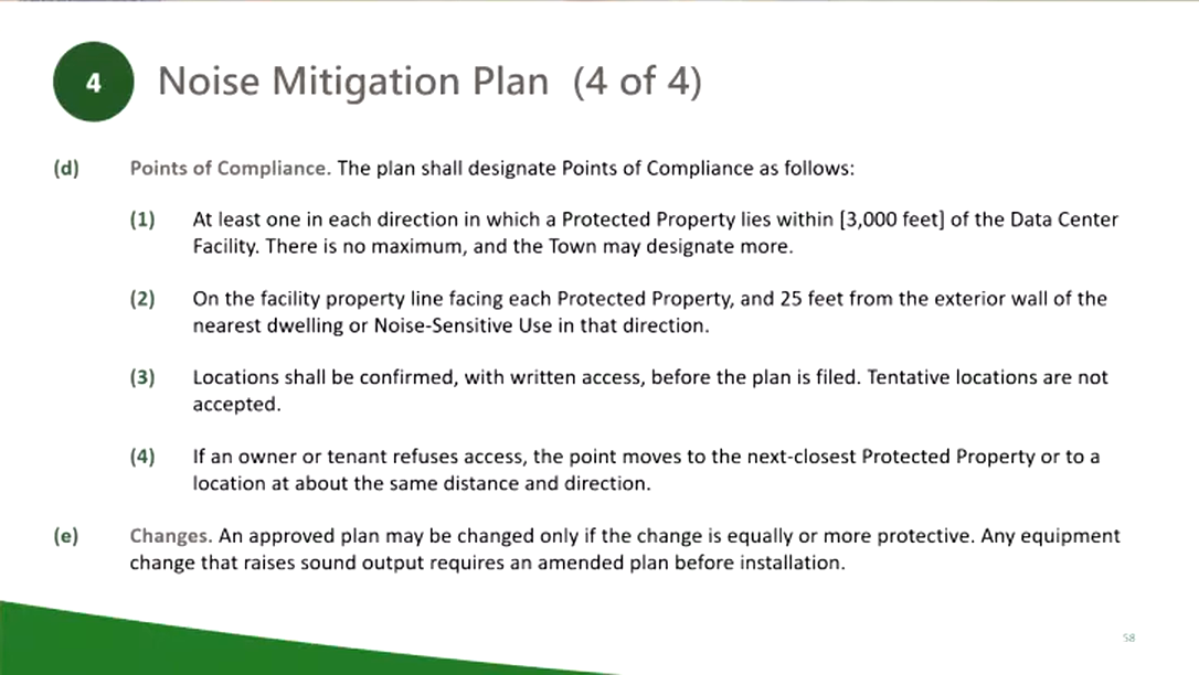 Town slide: Noise Mitigation Plan (4 of 4): Points of Compliance, at least one in each direction in which a Protected Property lies within [3,000 feet]; on the facility property line facing each Protected Property and 25 feet from the exterior wall of the nearest dwelling or Noise-Sensitive Use
