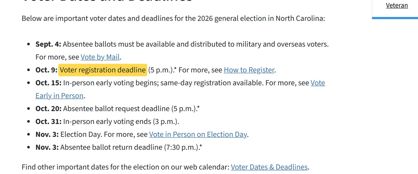 NC State Board of Elections dates: Oct. 9 voter registration deadline; Oct. 15 early voting begins with same-day registration available