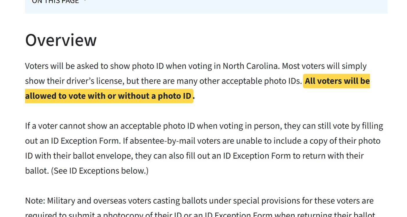 NC State Board of Elections Voter ID page: all voters will be allowed to vote with or without a photo ID