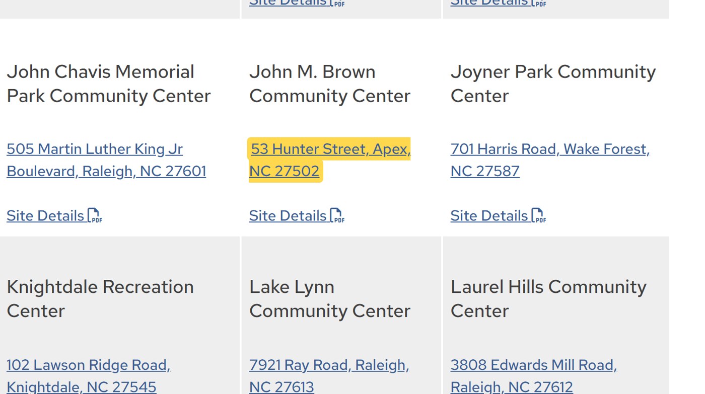 Wake County early voting site list: John M. Brown Community Center, 53 Hunter Street, Apex, NC 27502