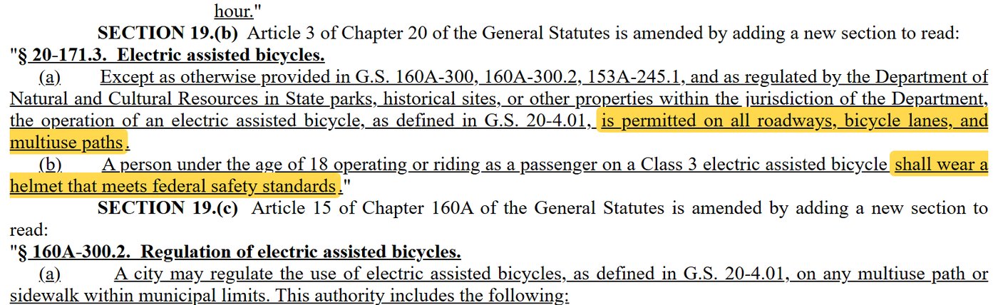 New G.S. 20-171.3: e-bikes permitted on all roadways, bicycle lanes and multiuse paths; under-18 helmet requirement on Class 3