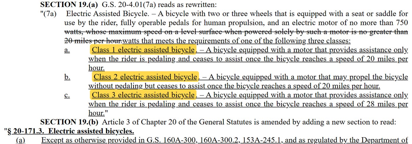 S.L. 2026-46 section 19(a): Class 1, Class 2 and Class 3 electric assisted bicycle definitions