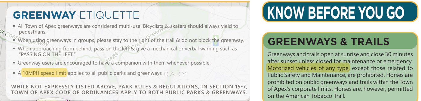 Town of Apex parks and greenways map: a 10 mph speed limit applies to all public parks and greenways; motorized vehicles of any type, except public safety and maintenance, are prohibited