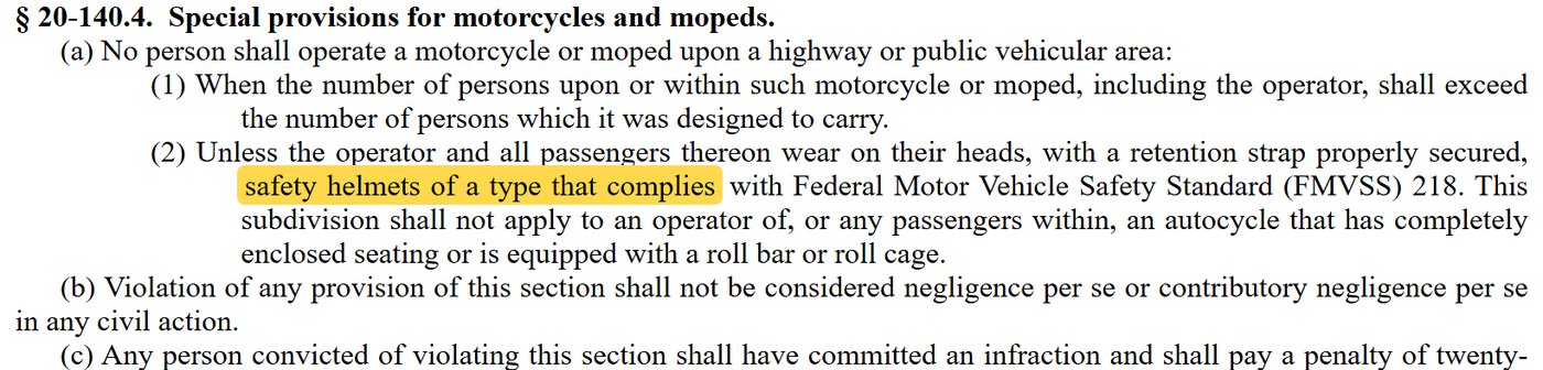 G.S. 20-140.4: motorcycle and moped operators and passengers must wear FMVSS 218 helmets