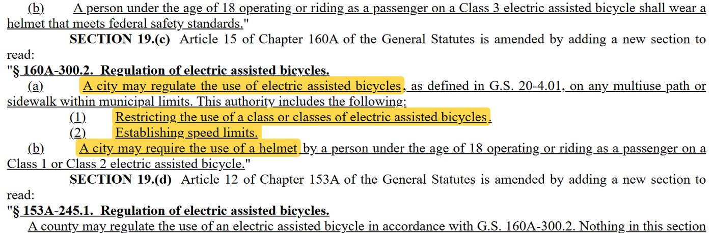 New G.S. 160A-300.2: a city may regulate e-bikes on multiuse paths and sidewalks, including restricting classes and setting speed limits, and may require helmets under 18 on Class 1 and 2