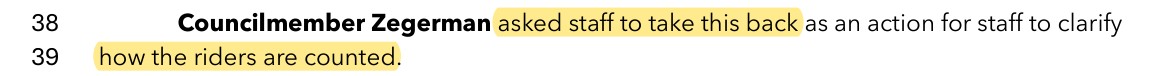 Draft MTAB minutes, May 13, 2026: Councilmember Zegerman asked staff to take this back as an action for staff to clarify how the riders are counted.