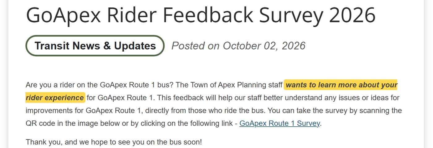 Town of Apex news flash, posted October 2, 2026: GoApex Rider Feedback Survey 2026. Town of Apex Planning staff wants to learn more about your rider experience for GoApex Route 1.