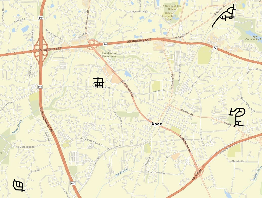 Town vicinity map of the 2026 microsurfacing project: four neighborhoods outlined in black across Apex, north near US 64 and North Salem Street, west of downtown off Olive Chapel Road, east off Center Street, and southwest near Holland Road.