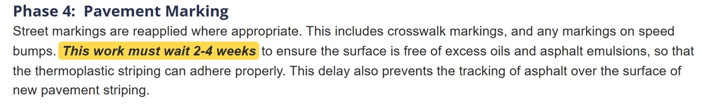 Town page, Phase 4 Pavement Marking: this work must wait 2-4 weeks to ensure the surface is free of excess oils and asphalt emulsions so the thermoplastic striping can adhere properly.