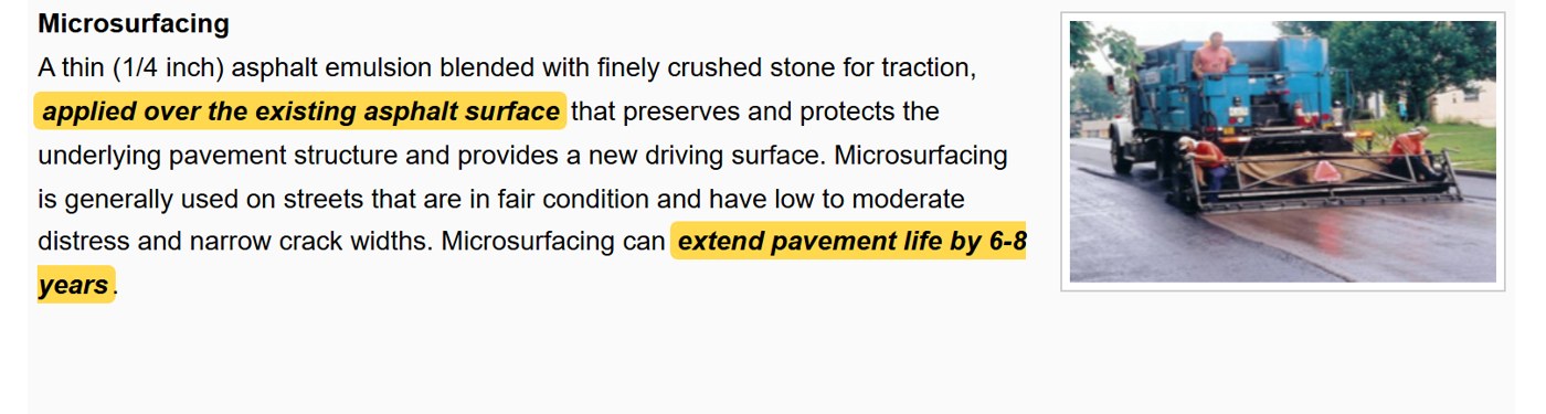 Town page, Microsurfacing: a thin (1/4 inch) asphalt emulsion blended with finely crushed stone for traction, applied over the existing asphalt surface; generally used on streets in fair condition with low to moderate distress and narrow crack widths; can extend pavement life by 6-8 years.