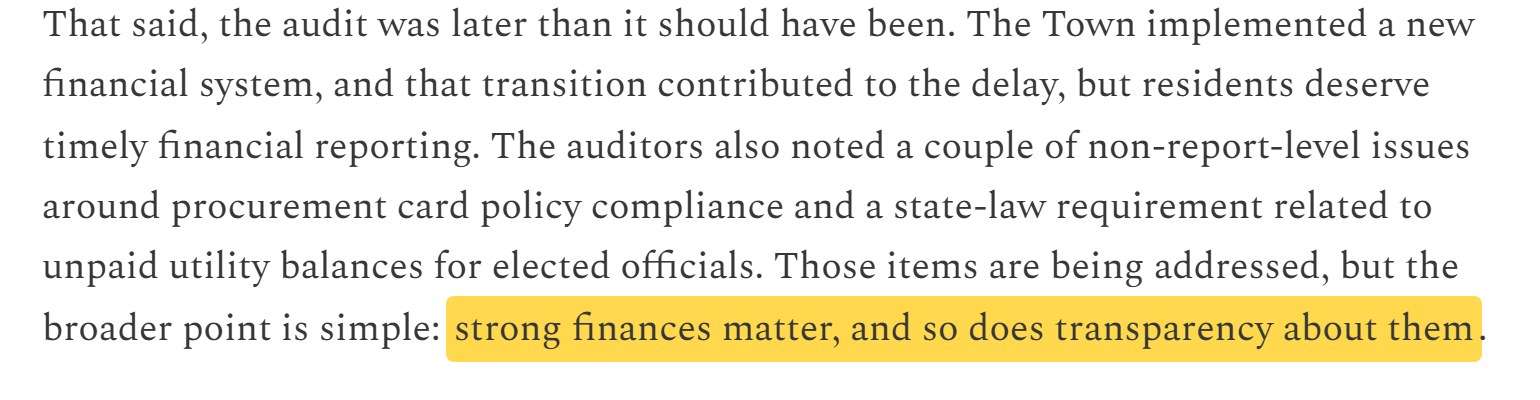 Terry Mahaffey newsletter, May 29, 2026: the auditors noted issues around procurement card policy compliance; those items are being addressed, but the broader point is simple: strong finances matter, and so does transparency about them