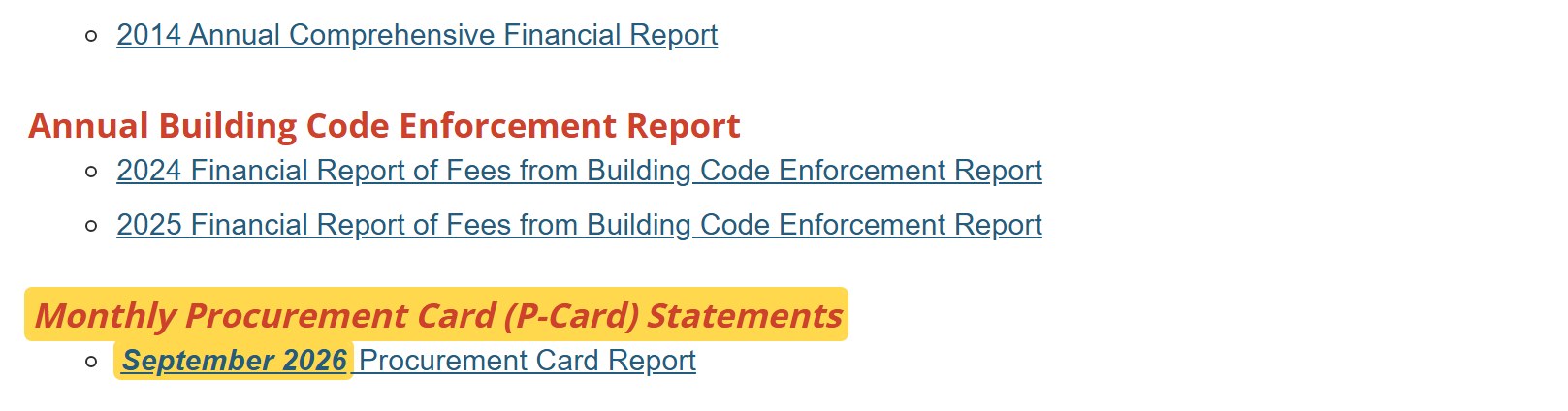 Town of Apex Financial Reporting page: heading Monthly Procurement Card (P-Card) Statements with a link to the September 2026 Procurement Card Report