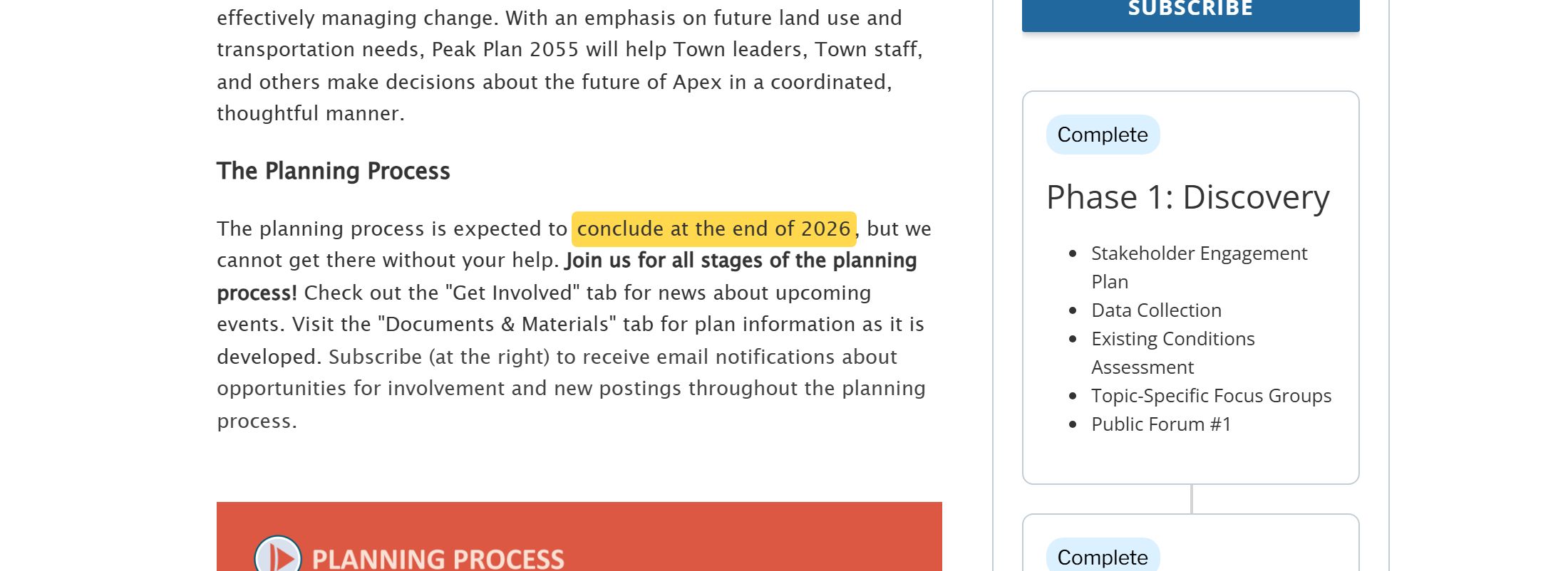 Peak Plan 2055 project page, The Planning Process: the planning process is expected to conclude at the end of 2026; join us for all stages of the planning process.