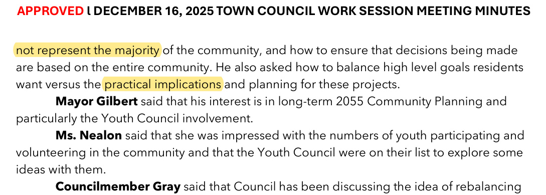 Approved minutes, Dec. 16, 2025, continued: may not represent the majority of the community, and how to ensure that decisions being made are based on the entire community. He also asked how to balance high level goals residents want versus the practical implications and planning for these projects.