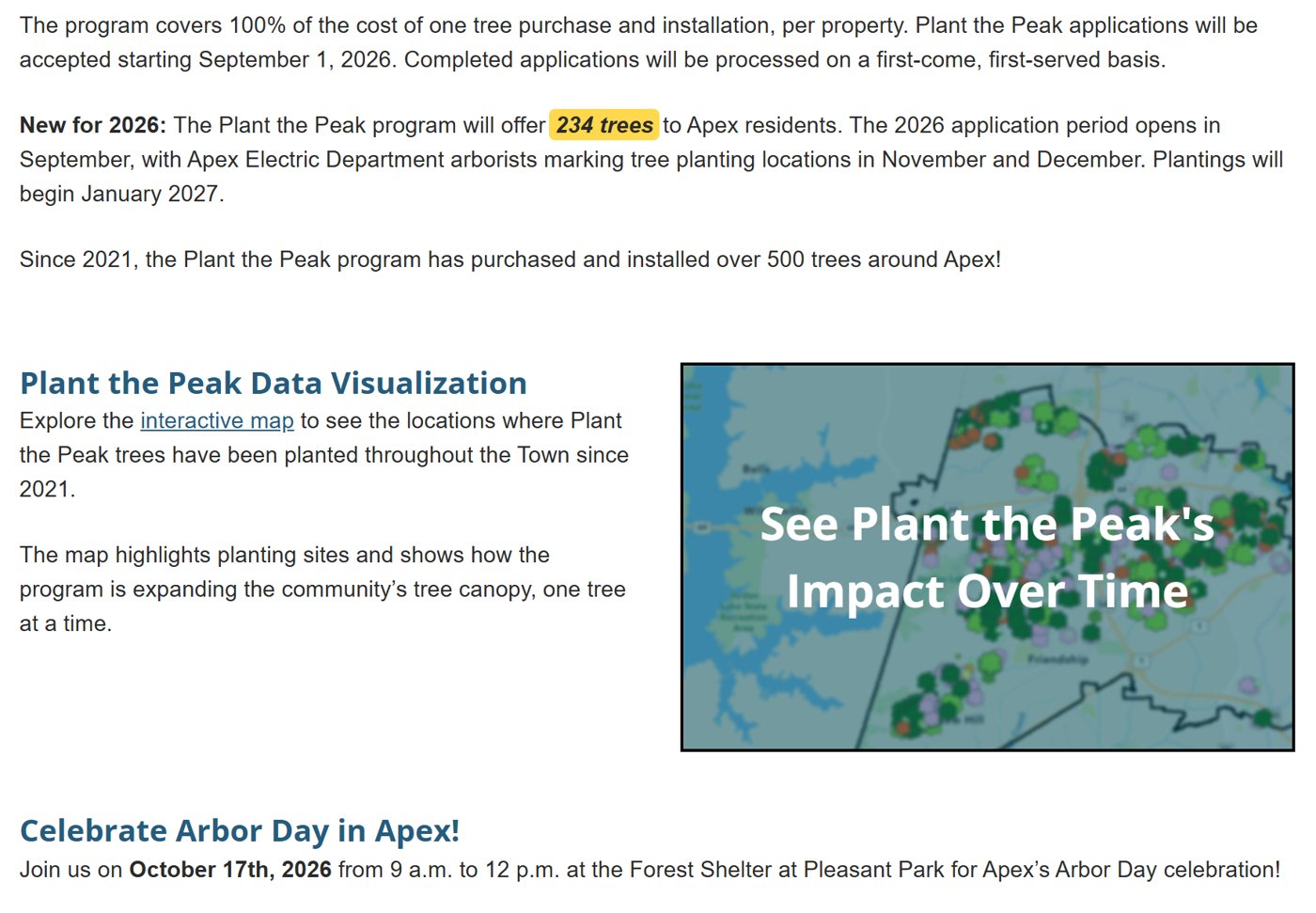 Town of Apex Plant the Peak page: 'New for 2026: The Plant the Peak program will offer 234 trees to Apex residents' with first-come, first-served processing