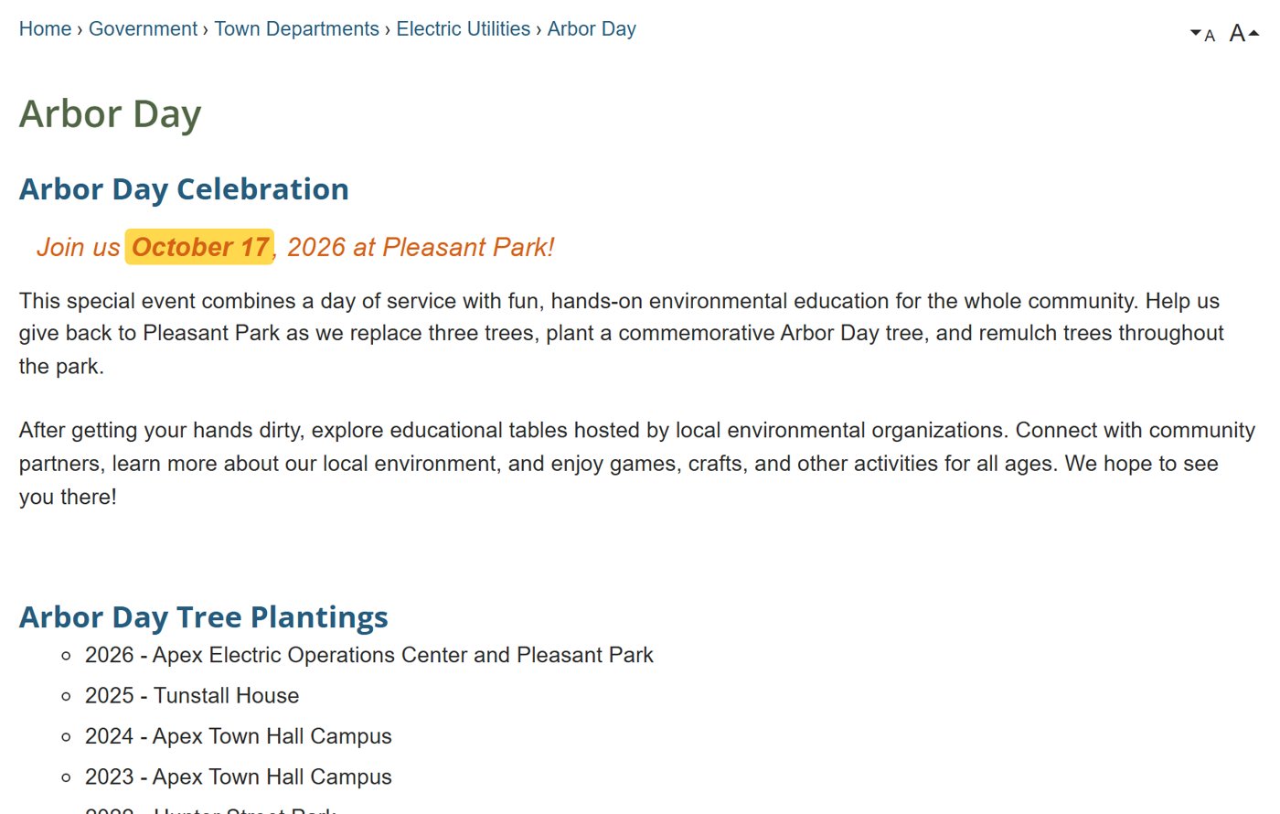 Town of Apex Arbor Day page: Join us October 17, 2026 at Pleasant Park