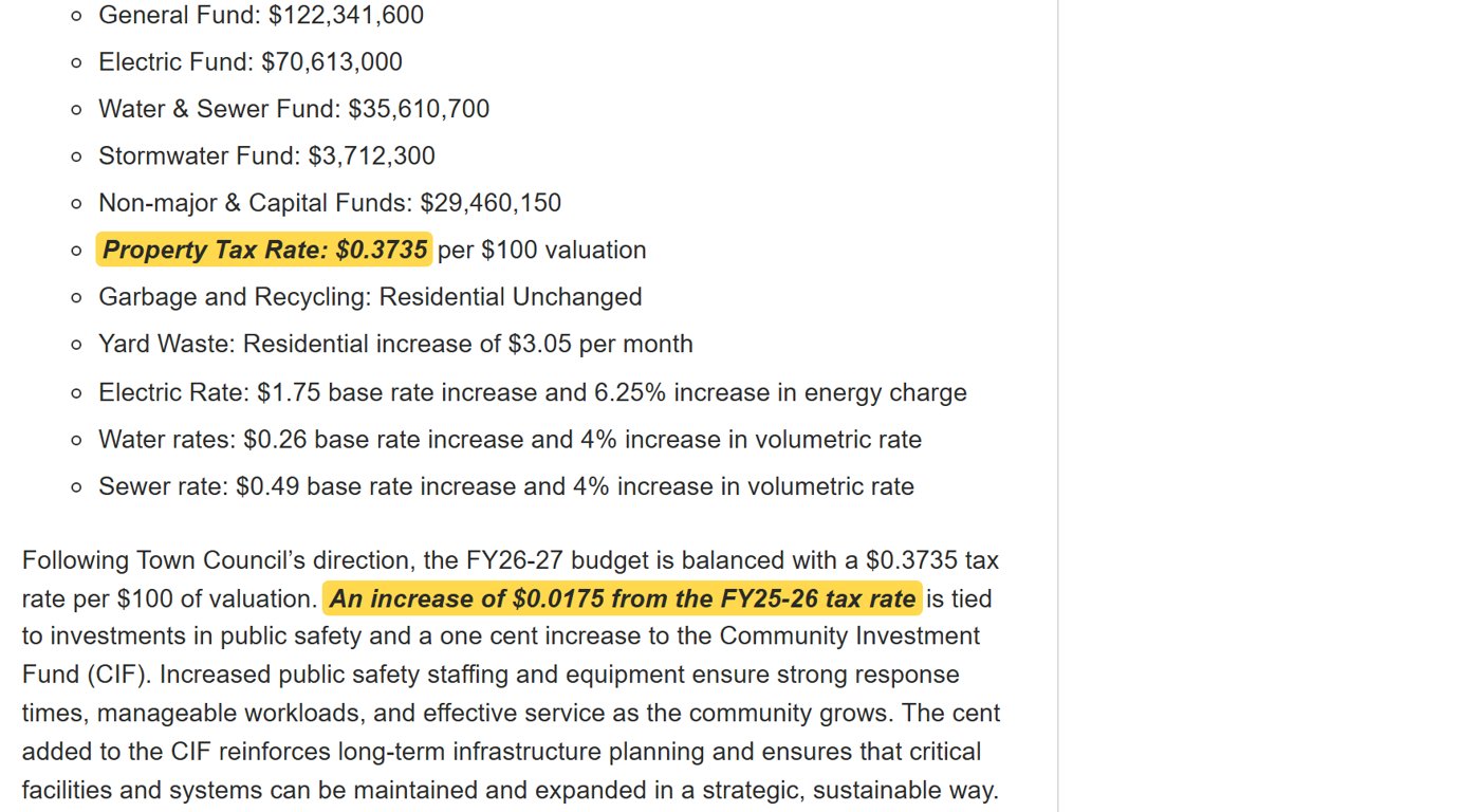 Town of Apex budget page: FY26-27 property tax rate $0.3735 per $100 valuation, an increase of $0.0175 from FY25-26