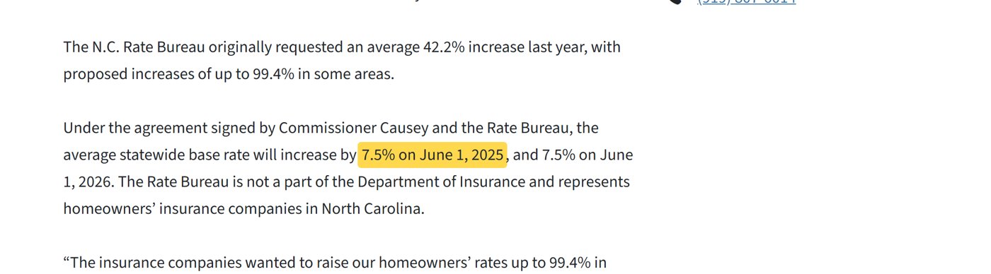 NC Department of Insurance: average statewide homeowners base rate will increase 7.5% on June 1, 2025, and 7.5% on June 1, 2026