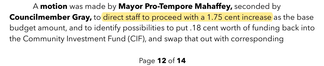 May 21, 2026 approved minutes: motion by Mayor Pro-Tempore Mahaffey, seconded by Councilmember Gray, to direct staff to proceed with a 1.75 cent increase as the base budget amount