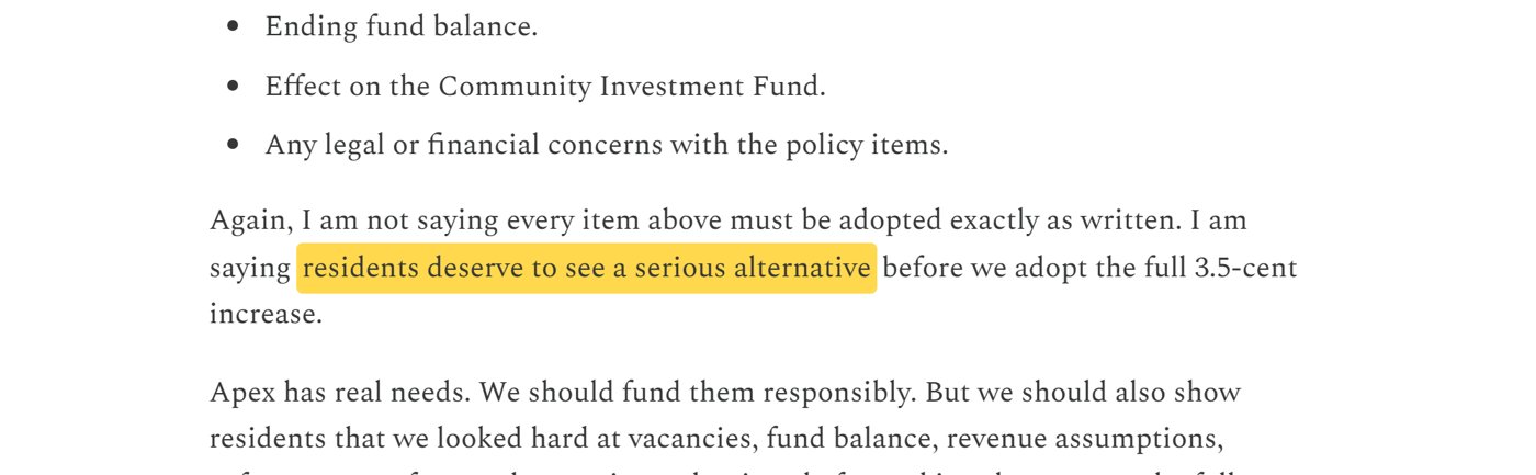Mahaffey newsletter excerpt: residents deserve to see a serious alternative before we adopt the full 3.5-cent increase
