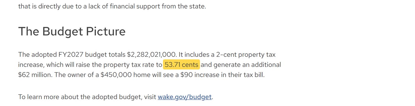 Wake County news release: 2-cent increase raising the property tax rate to 53.71 cents