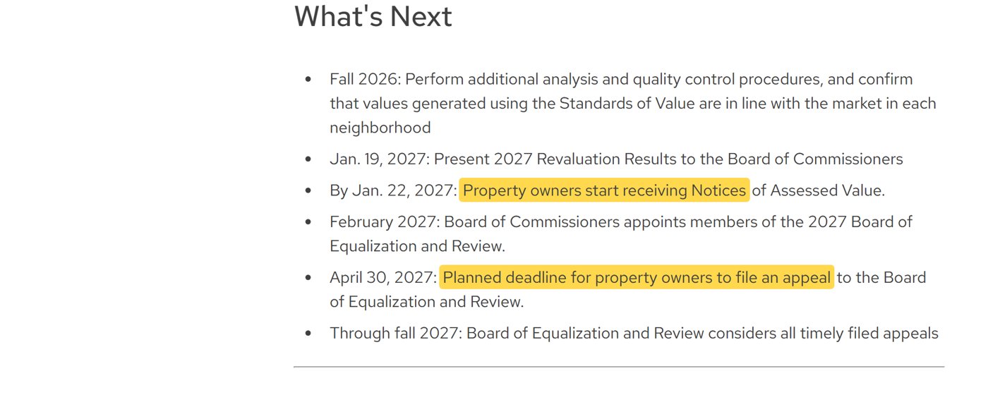Wake County 2027 revaluation timeline: notices by Jan. 22, 2027; April 30, 2027 planned appeal deadline