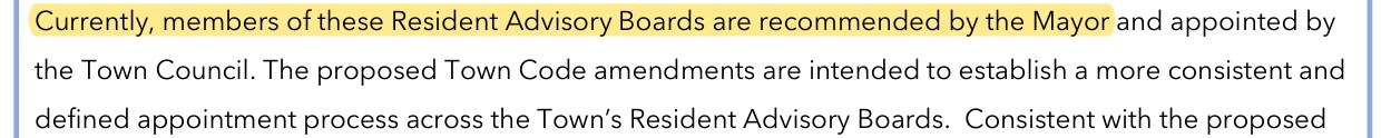 Agenda item RM1 coversheet: currently, members of these Resident Advisory Boards are recommended by the Mayor and appointed by the Town Council; the proposed Town Code amendments are intended to establish a more consistent and defined appointment process