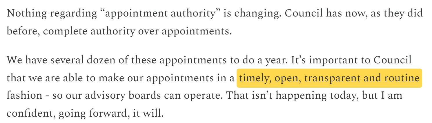 Terry Mahaffey newsletter, Oct. 2, 2026: Nothing regarding appointment authority is changing. We have several dozen of these appointments to do a year. It's important to Council that we are able to make our appointments in a timely, open, transparent and routine fashion so our advisory boards can operate