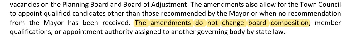 Staff report background: the amendments also allow the Town Council to appoint qualified candidates other than those recommended by the Mayor or when no recommendation has been received; the amendments do not change board composition, member qualifications, or appointment authority assigned to another governing body by state law