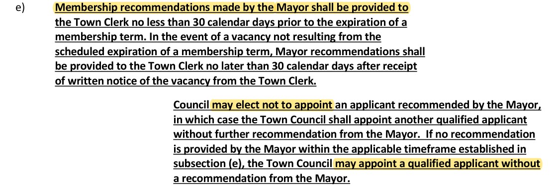 Adopted UDO text, Planning Board section: (e) Membership recommendations made by the Mayor shall be provided to the Town Clerk no less than 30 calendar days prior to the expiration of a membership term, or no later than 30 calendar days after receipt of written notice of a vacancy; (f) the Town Council may elect not to appoint an applicant recommended by the Mayor, in which case it shall appoint another qualified applicant without further recommendation; if no recommendation is provided within the timeframe, the Town Council may appoint a qualified applicant without a recommendation from the Mayor