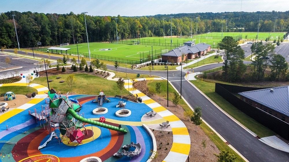 Aerial view of Pleasant Park's playground and athletic fields