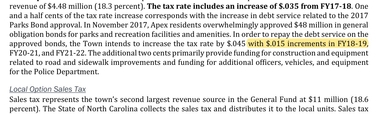 FY18-19 budget message: $48 million in general obligation bonds, a tax increase of $.045 with $.015 increments in FY18-19, FY20-21 and FY21-22.
