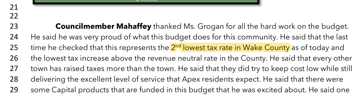 June 11, 2024 minutes: Councilmember Mahaffey said that the last time he checked this represents the 2nd lowest tax rate in Wake County as of today and the lowest tax increase above the revenue neutral rate in the County.