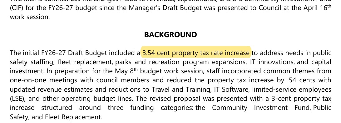 Budget Director's memo, May 22, 2026: the initial FY26-27 Draft Budget included a 3.54 cent property tax rate increase.