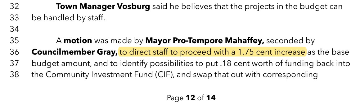 May 21, 2026 work session minutes: motion by Mayor Pro-Tempore Mahaffey, seconded by Councilmember Gray, to direct staff to proceed with a 1.75 cent increase.