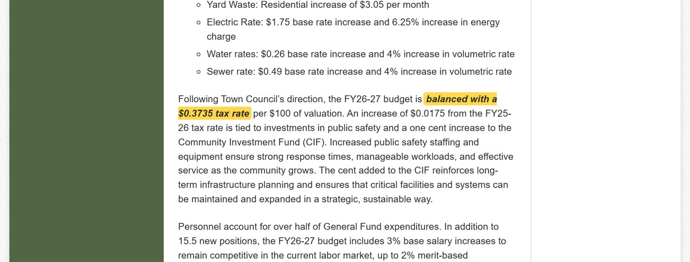 Town of Apex budget page: the FY2026-27 budget is balanced with a $0.3735 tax rate per $100 of valuation.