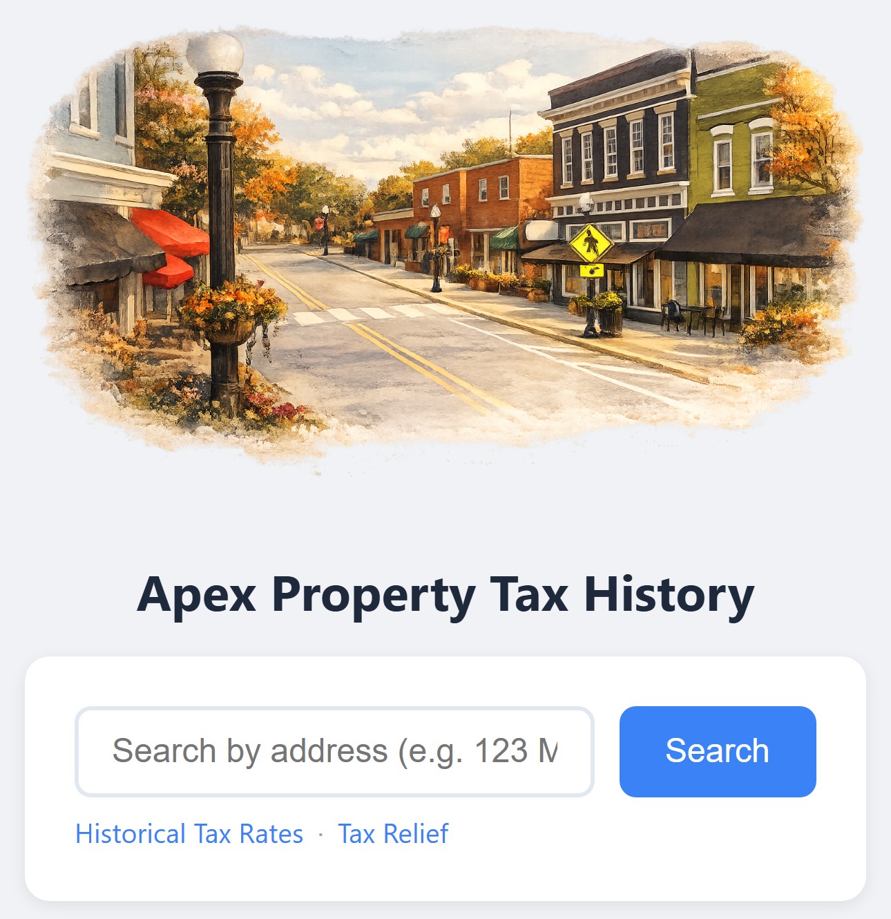 The Apex Property Tax History lookup page with an address search box