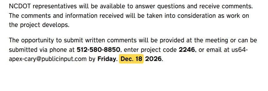 NCDOT notice: written comments can be submitted at the meeting, by phone at 512-580-8850 with project code 2246, or by email at us64-apex-cary@publicinput.com by Friday, Dec. 18, 2026.