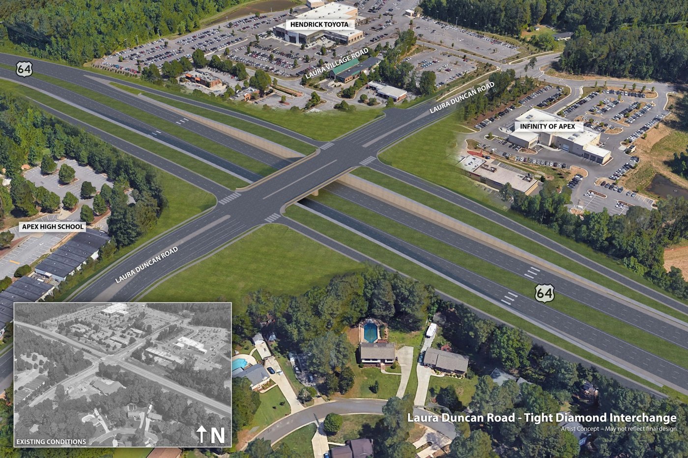 NCDOT artist concept: aerial view of a widened U.S. 64 passing under a new Laura Duncan Road bridge, with Apex High School labeled at left and an existing-conditions inset at lower left